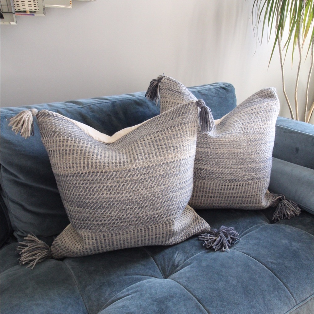 TWO 20 x 20 Blue Woven Tassel Pillow Covers
